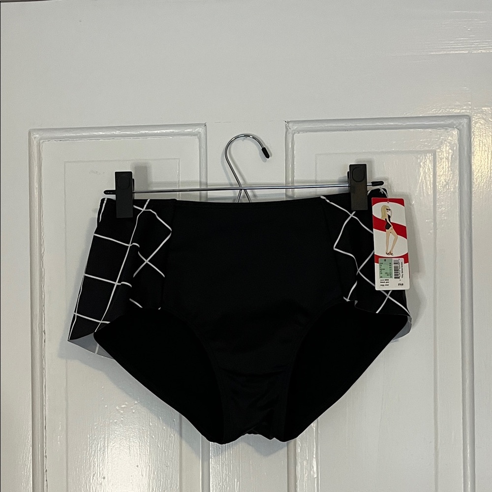 SPANX Black High-Waist Swim Bottoms with White Windowpane Panels